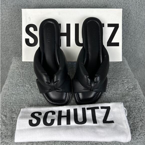 Schutz Fairy Slide Sandals Black Size 7.5 Leather NIB Puffer Straps - Picture 2 of 7
